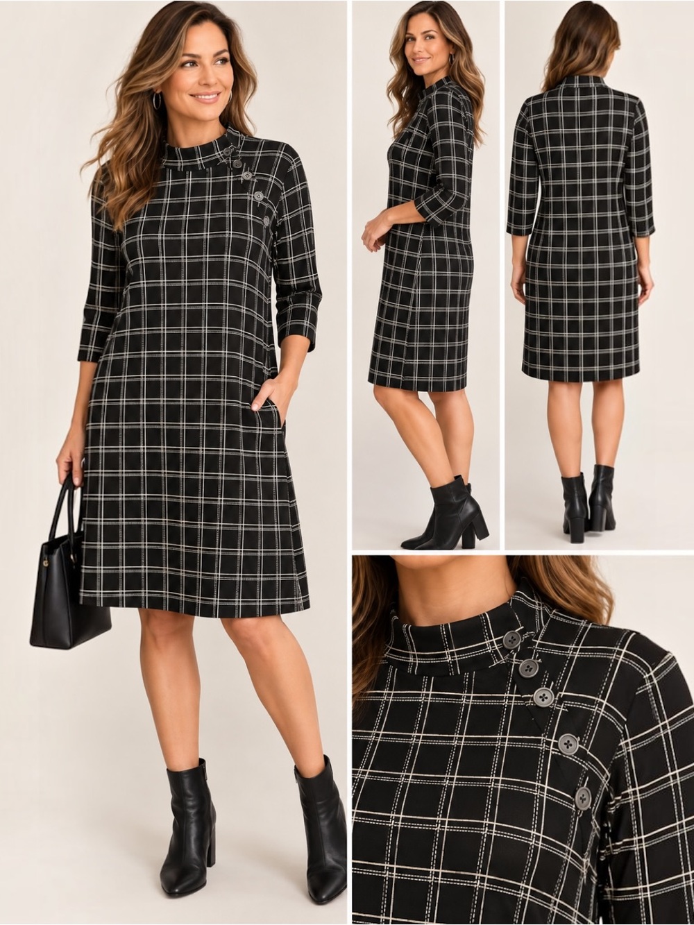 Susan Graver  Dress XL Black Ivory Plaid Mock Neck Button Pockets 3/4 Sleeve. XL